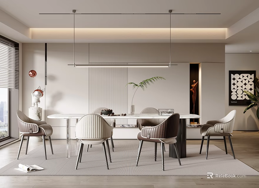 Modern Elegant Restaurant Interior Design With Dining Table Chairs Hanging Lights And Decorative Plants 3d model 