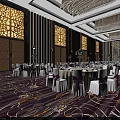 Elegant Banquet Hall With Round Tables White Tablecloths Purple Chair Covers And Chandeliers