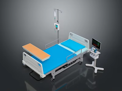 Modern Adjustable Hospital Bed with IV Stand Medical Monitor and Overbed Table for Patient Care 3d model