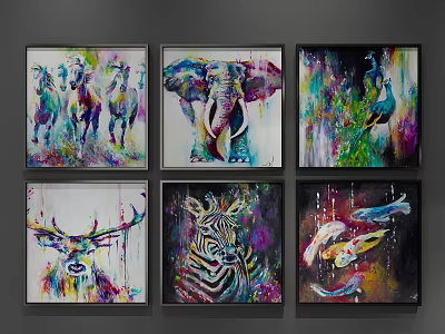 Vibrant Colorful Abstract Paintings With Animal Themes And Splatter Effect Framed Wall Art 3d model