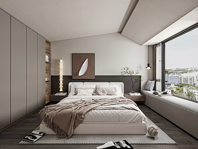 Modern Bedroom Interior With Large Window City View Artwork Nightstand Lamp Throw Blanket And Bookshelf 3d model
