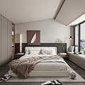 Modern Bedroom Interior With Large Window City View Artwork Nightstand Lamp Throw Blanket And Bookshelf