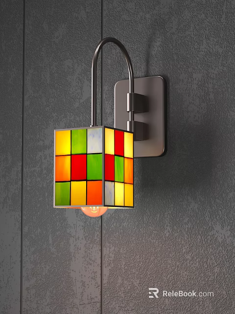 Colorful Square Shade Wall Light With Metallic Base On Dark Textured Wall 3d model 