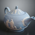 Light Blue Teapot With Intricate Sculpture Carving And Relief Figures Design