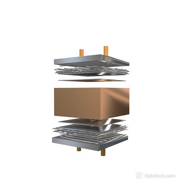 Multi Layer Metal Structure With Brown Cube And Orange Support Posts 3d model 