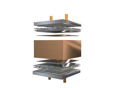 Multi Layer Metal Structure With Brown Cube And Orange Support Posts 3d model