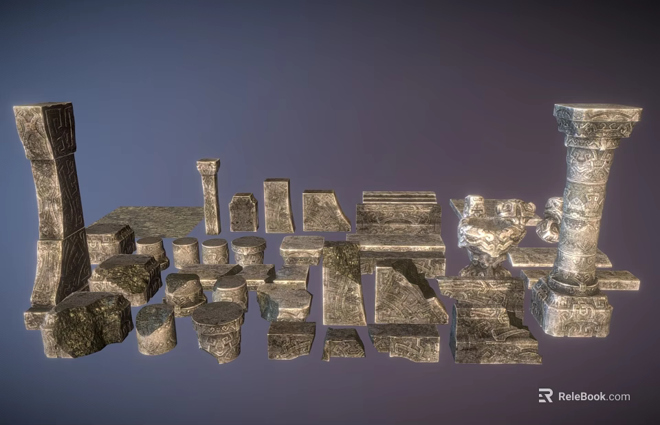 Stone And Wood Architectural Decorative Elements With Columns Blocks And Sculptures 3d model 