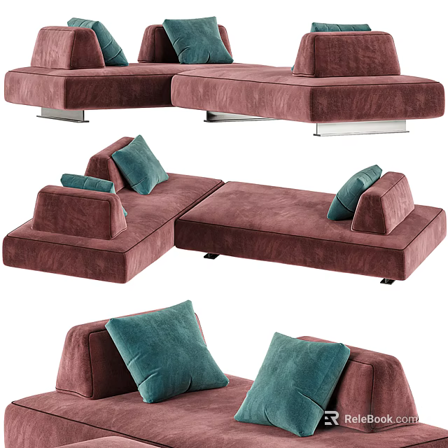 Modern Burgundy Sectional Sofa With Teal Accent Cushions And Modular Design 3d model