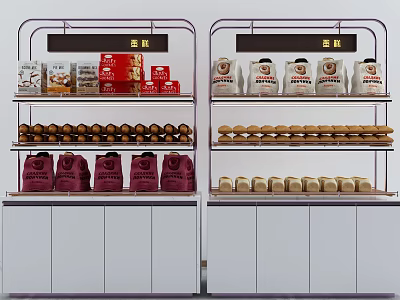 Retail Display Shelves with Various Packaged Food Bottled Items and Bagged Products 3d model