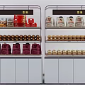 Retail Display Shelves with Various Packaged Food Bottled Items and Bagged Products