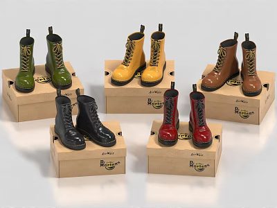 Stylish Bata Boots In Various Colors Neatly Displayed On Cardboard Boxes 3d model