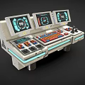 Industrial Equipment Operation Console with Multiple Data Display Screens Control Panels and Adjustment Knobs