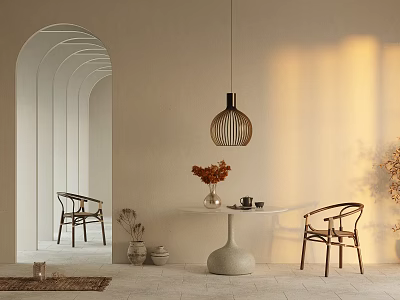 Modern Dining Table Set With Arched Mirror Hanging Lamp Chairs And Vase 3d model