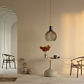 Modern Dining Table Set With Arched Mirror Hanging Lamp Chairs And Vase