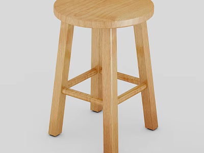 Sturdy Wooden Stool With Round Seat And Four Legs Design For Home Kitchen Use 3d model