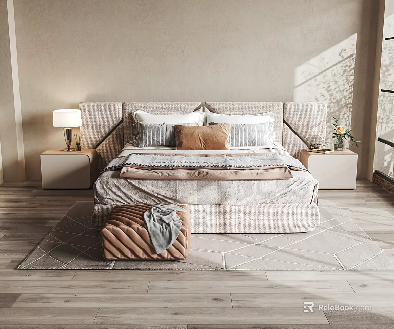 Modern Double Bed In Cozy Bedroom With Nightstands And Ottoman 3d model 