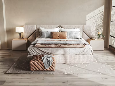 Modern Double Bed In Cozy Bedroom With Nightstands And Ottoman 3d model