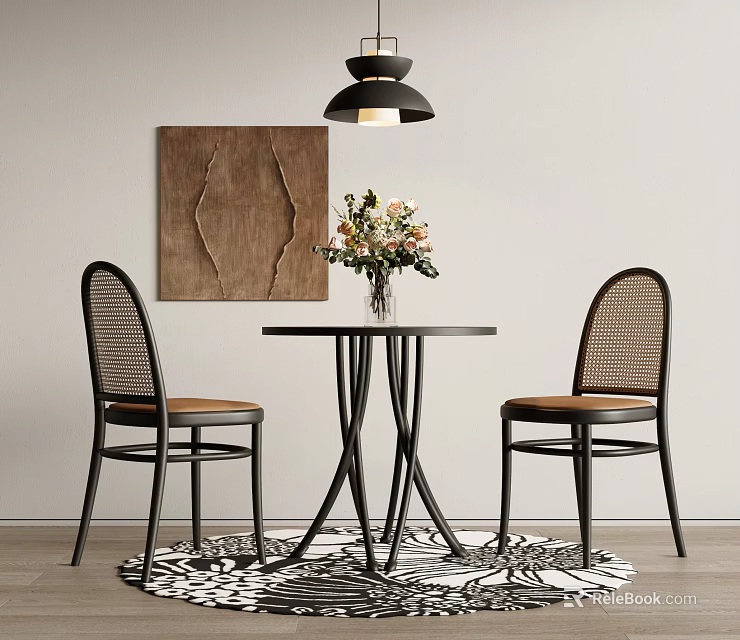 Modern Round Table And Rattan Back Chairs Set With Flower Vase Wall Art And Rug 3d model 