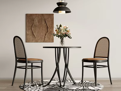 Modern Round Table And Rattan Back Chairs Set With Flower Vase Wall Art And Rug 3d model
