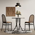 Modern Middle Ancient Rattan Casual Table and Chair Combination Rattan Dining Chair Round Table Chandelier Carpet Floriculture 3d model