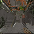 Abandoned Factory Interior With Exposed Pipes Staircase Vines And Ceiling Fan