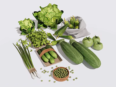 Fresh Assorted Vegetables Collection With Lettuce Peas Cucumbers Tomatoes And Scallions 3d model