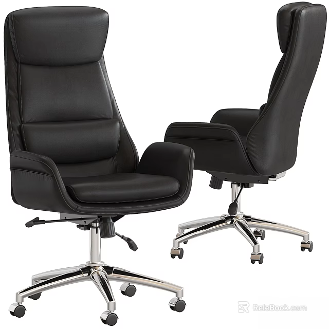 Black Leather Office Desk And Chair Set With Silver Metal Base And Rolling Wheels 3d model 
