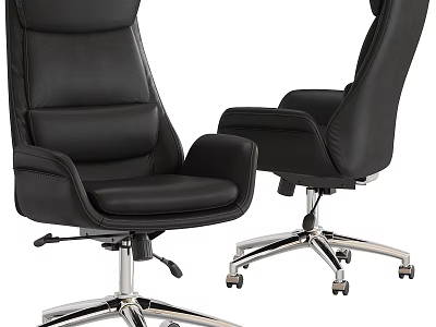 Black Leather Office Desk And Chair Set With Silver Metal Base And Rolling Wheels 3d model