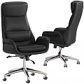 Black Leather Office Desk And Chair Set With Silver Metal Base And Rolling Wheels