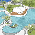 Landscape Garden Design Featuring Circular Pavilion Green Trees And Water Pool