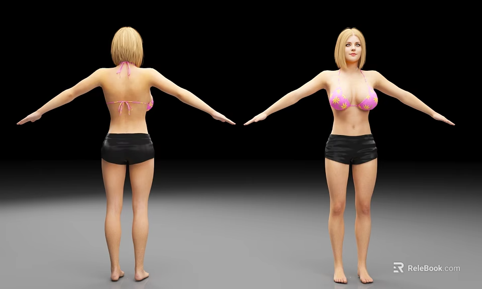Woman in Pink Bikini Top and Black Shorts with Arms Outstretched Front and Back Views 3d model 