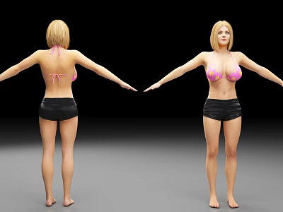 Woman in Pink Bikini Top and Black Shorts with Arms Outstretched Front and Back Views 3d model