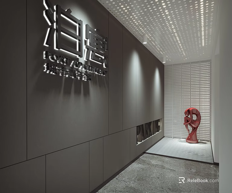 Modern Elevator Hallway Design With Gray Walls Red Sculpture And Perforated Ceiling 3d model 