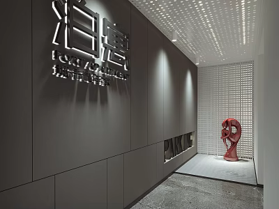 Modern Elevator Hallway Design With Gray Walls Red Sculpture And Perforated Ceiling 3d model