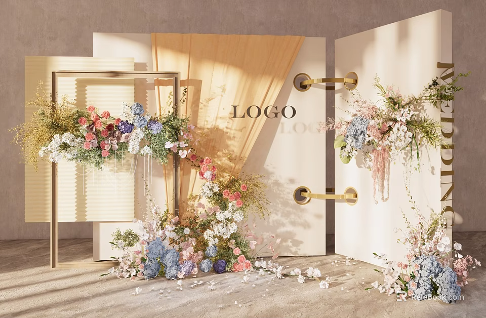 Elegant Floral Installation With Decorative Doors Golden Frames Pastel Blooms And Scattered Petals For Wedding 3d model 