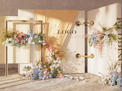 Elegant Floral Installation With Decorative Doors Golden Frames Pastel Blooms And Scattered Petals For Wedding 3d model