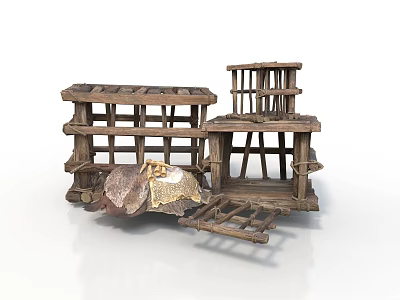 Rustic Handmade Wooden Shelf Structures With Ladder And Decorative Fabric 3d model