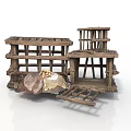 Rustic Handmade Wooden Shelf Structures With Ladder And Decorative Fabric