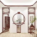 Chinese Style Living Room With Wooden Partition Round Window And Lotus Painting On Wall
