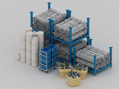 Building Components Storage With Blue Racks Metal Coils Cylindrical Drums And Debris Bags 3d model
