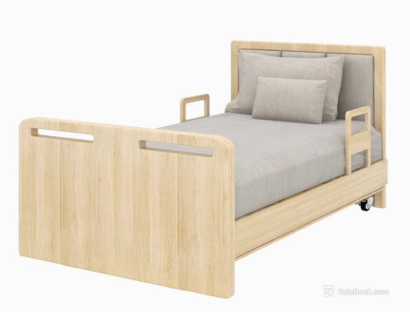 Wooden Hospital Bed with Side Rails Gray Mattress Pillows and Casters 3d model 