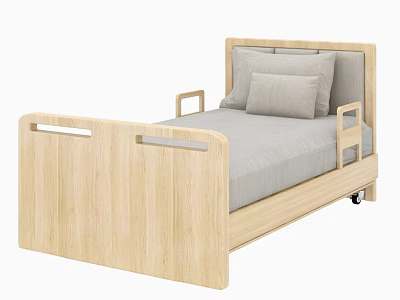 Wooden Hospital Bed with Side Rails Gray Mattress Pillows and Casters 3d model