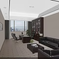 Modern Office Interior Design With Large Windows Wooden Desk Black Leather Sofa And Wooden Flooring 3d model