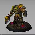 Fierce Green Orc Warrior with Colorful Armor Holding Mechanical Gun and Spiked Axe