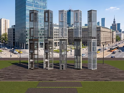 Modern Elevators in Urban Cityscape With Tall Buildings Street Cars and Green Plaza 3d model