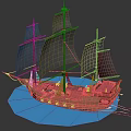 Wooden Sailing Ship With Black Sails And Multi Mast On Blue Water Surface