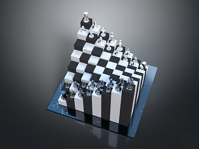 Unique 3D Black And White Layered Chessboard With Arranged Chess Pieces 3d model