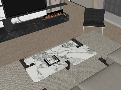 Modern Marble Top Coffee Table On Area Rug With Sofa And Fireplace 3d model