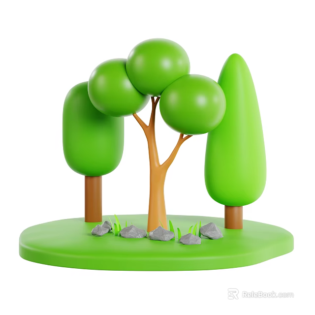 Green Trees with Various Shaped Canopies and Brown Trunks on Green Grass with Stones 3d model 