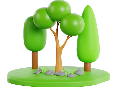 Green Trees with Various Shaped Canopies and Brown Trunks on Green Grass with Stones 3d model